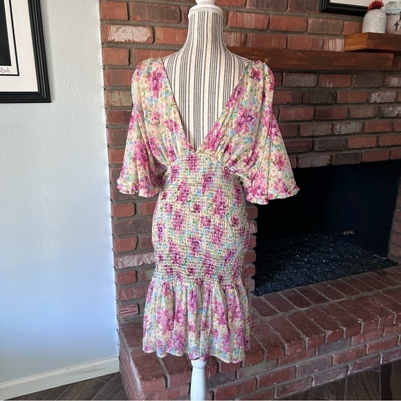 byTimo Floral Smocked Chiffon Mini Dress Sz M - Picture 7 of 10